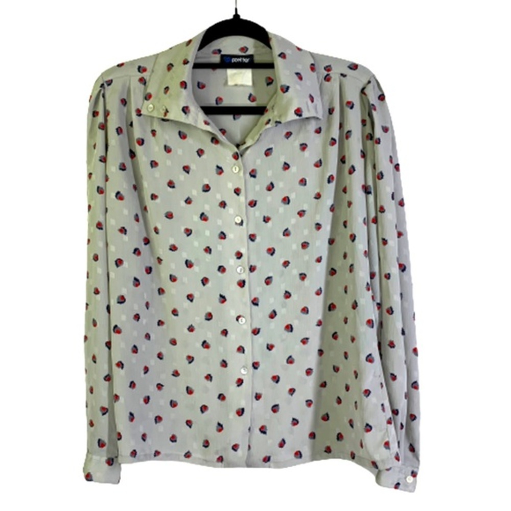 PANTHER Vintage Grey & Red Printed Button Down‎ Blouse